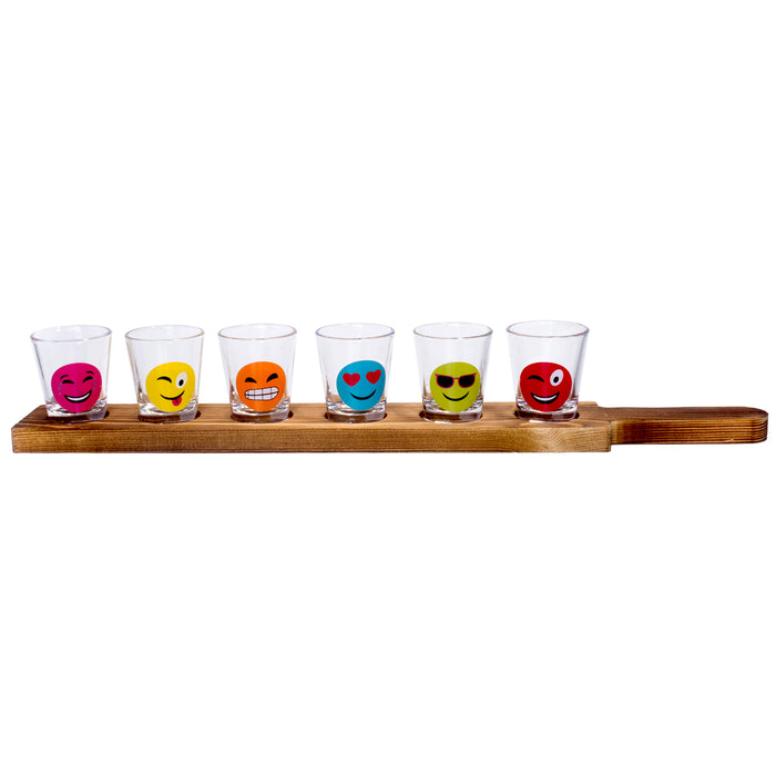 Fun Emoji Shot Drinking Glasses with Wood Paddle Serving Tray, Set of 6