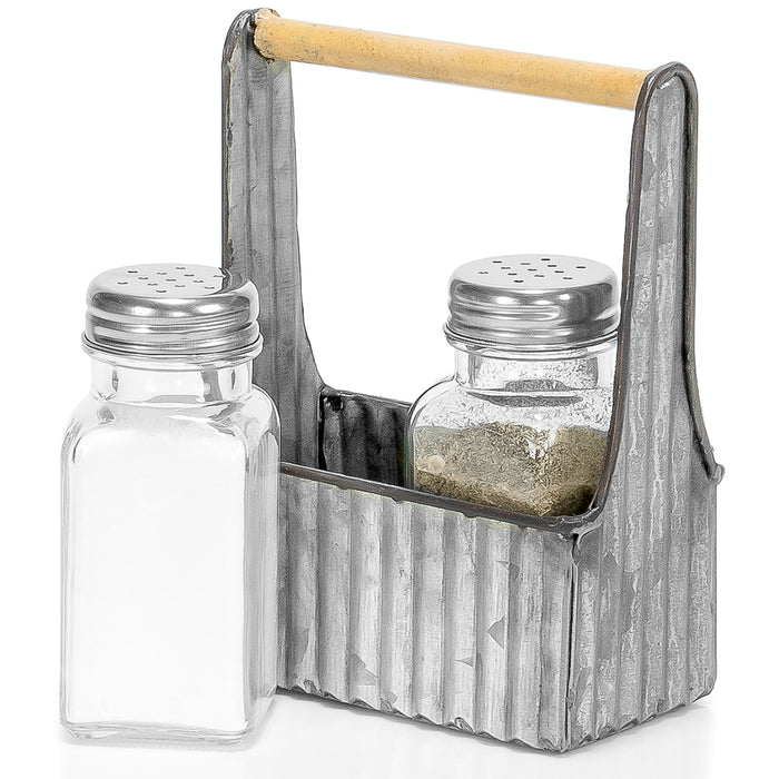 Red Co. Glass Salt and Pepper Shaker Set in 5” Metal Carrying Toolbox Caddy with Wooden Handle