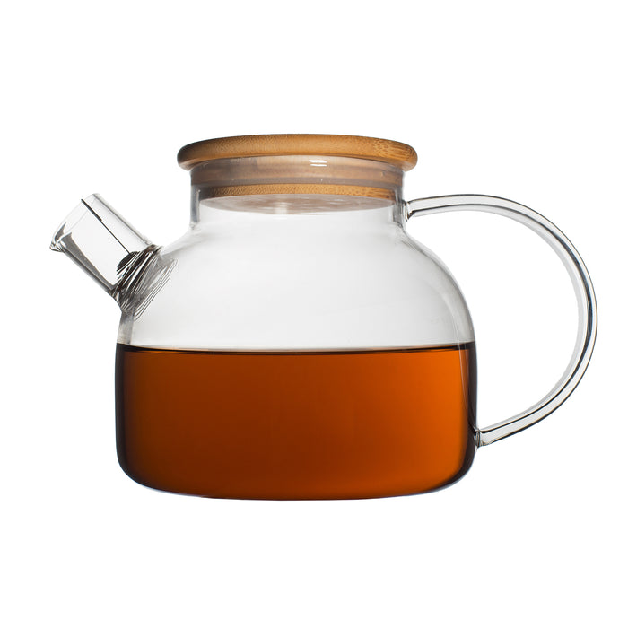 Bamboo Tea Set for 2 People – 33-Ounce Clear Glass Teapot/Kettle with Two 5-Ounce Cups