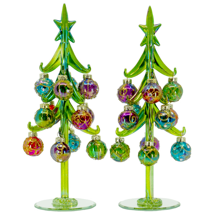 Red Co. Glass Christmas Tree Tabletop Display Decoration with Assorted Ball Ornaments, Iridescent Holiday Season Decor, 10 Inches, Set of 2
