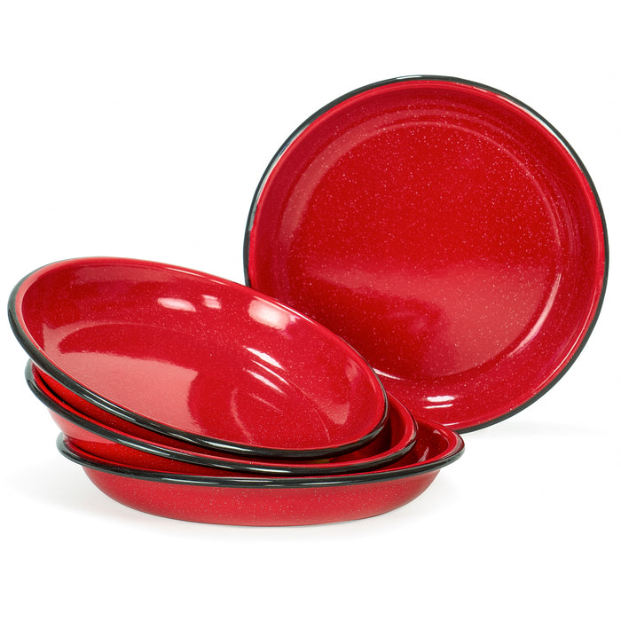 Red Set of Enamelware Metal 10โ Round Camping Plates โ Red