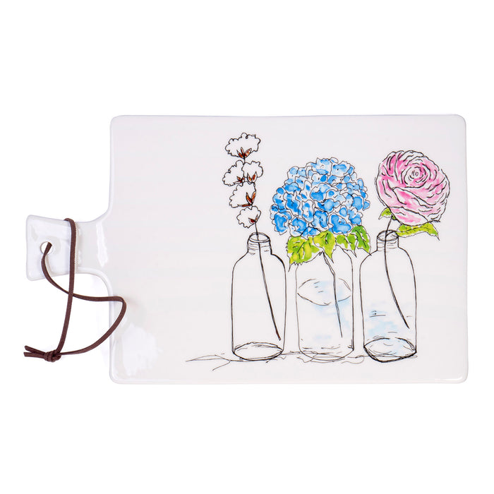 Spring Collection - Flowers in Vases, Stoneware Cheese Serving Board with Leather Tie - 13L x 8W Inches