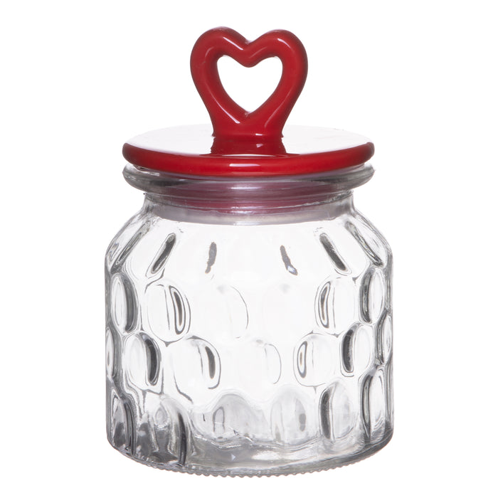 Red Co. Small Food Storage Rain Drop Pattern Glass Jar Canister with Red Heart Shaped Ceramic Airtight Lid, 22.75 Ounces