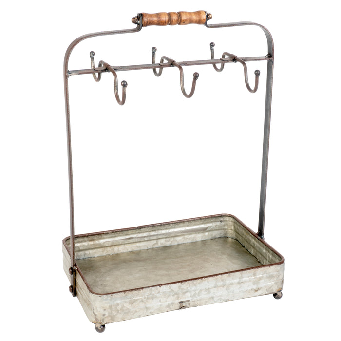 Country Rustic Galvanized Tabletop Mug Rack with Hooks and Tray, Coffee Tea Sugar Organizer, 17 Inches Tall