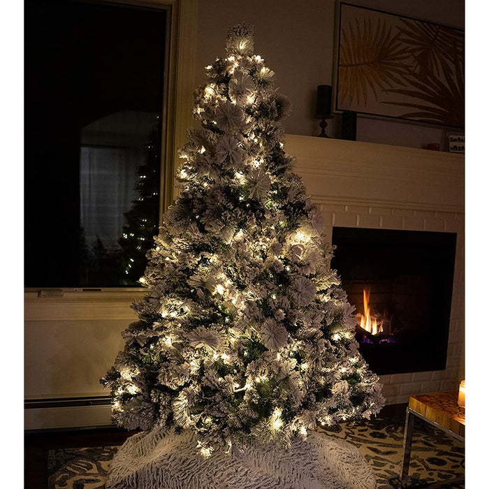 Red Co. 7.5 Foot Premium - Flocked Snowy Artificial Christmas Tree - 600 UL Warm White LED Lights with Metal Stand