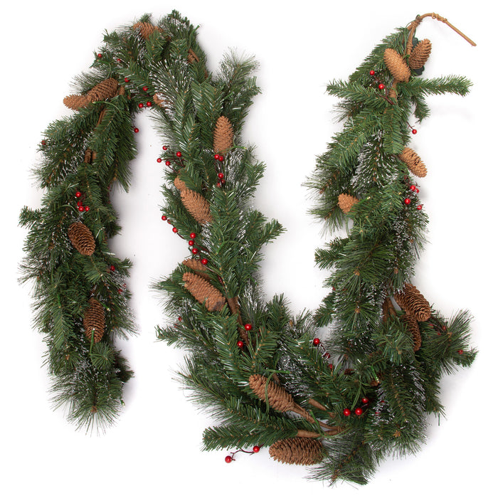 9 Ft Light-Up Christmas Garland with Pine & Red Cranberries, Plug-in Operated LED Lights, 108" x 10"