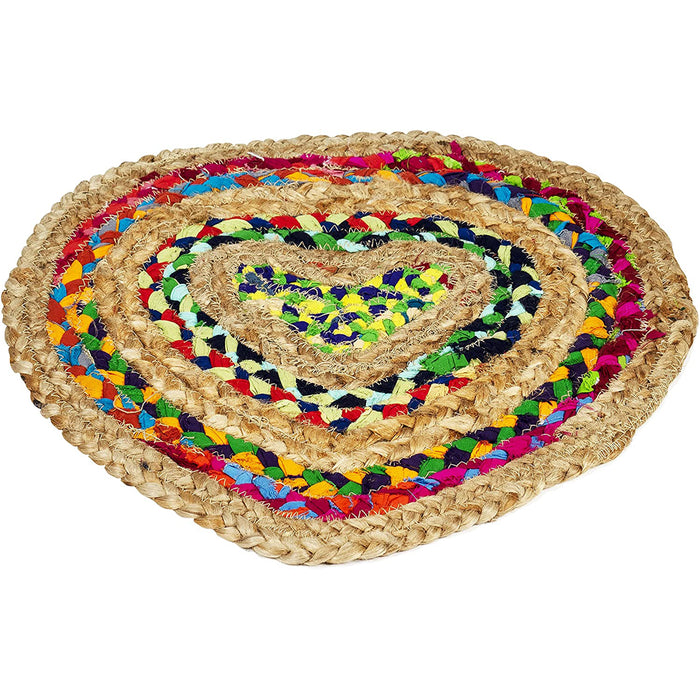 Red Co. Large Decorative Boho Chic Multicolored Hand Braided Jute Heart Shaped Heat Resistant Placemats for Dining Table, Kitchen Counter – Set of 2 – 17 x 15 Inches