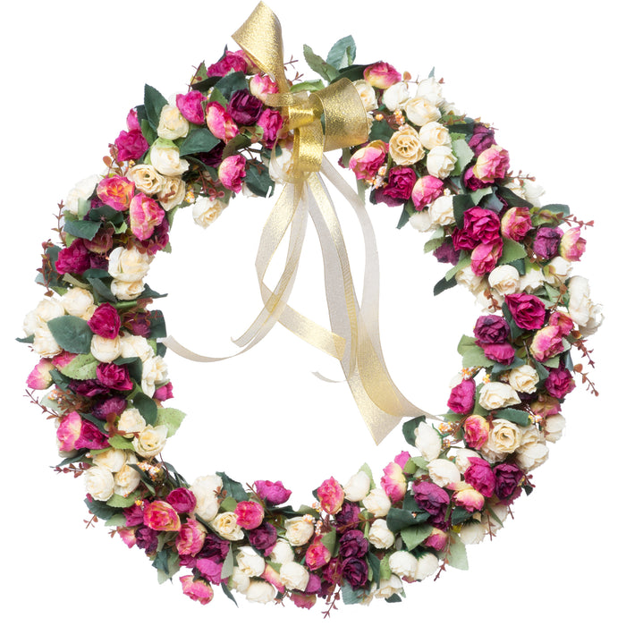 Red Co. 19" Tri-Color Roses with Ribbon, Artificial Spring & Summer Wreath, Door Backdrop Ornaments, Home Décor Collection