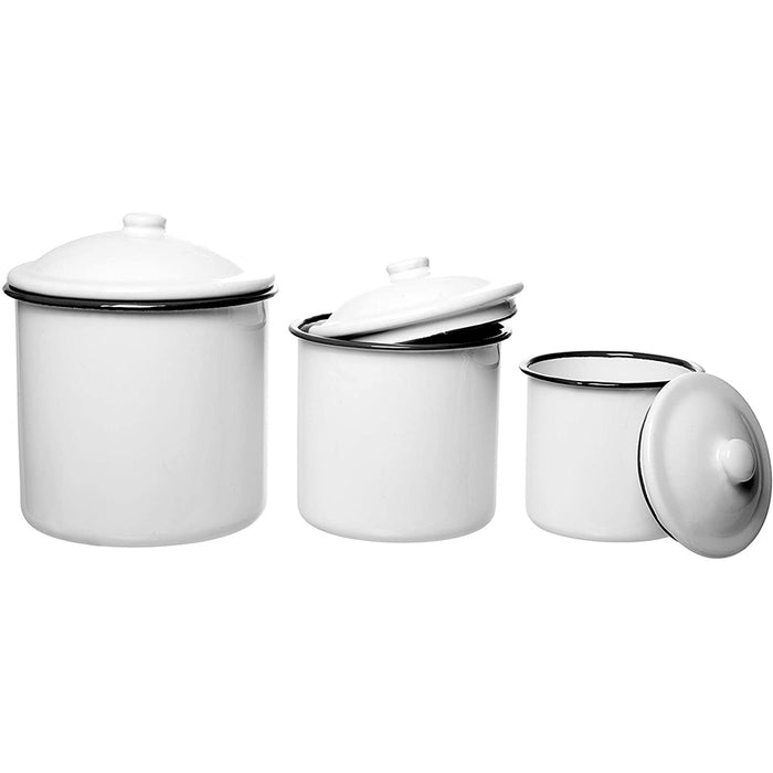White Enamelware Mug Pots with Lid - Set of 3 Nesting Cups, Perfect for Picnic, Camping, Outdoor Activity