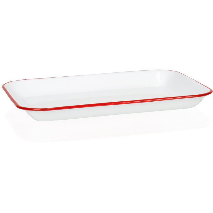 Red Co. 13.5” x 10” Enamelware Metal Classic 1.6-Quart Rectangular Serving Tray, Solid White/Red Rim