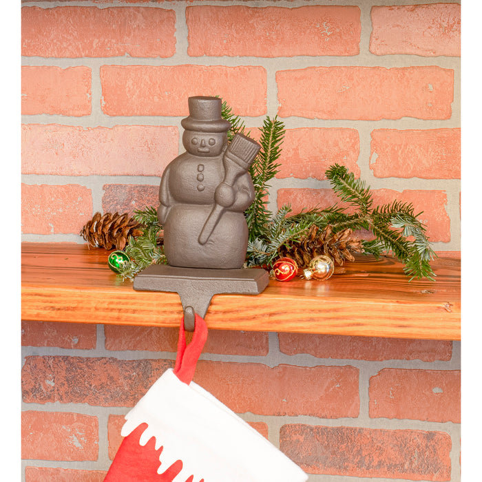 Red Co. Brown Cast Iron Snowman Stocking Holder with Hook Rustic Home Christmas Décor for Mantel, Fireplace, Dresser
