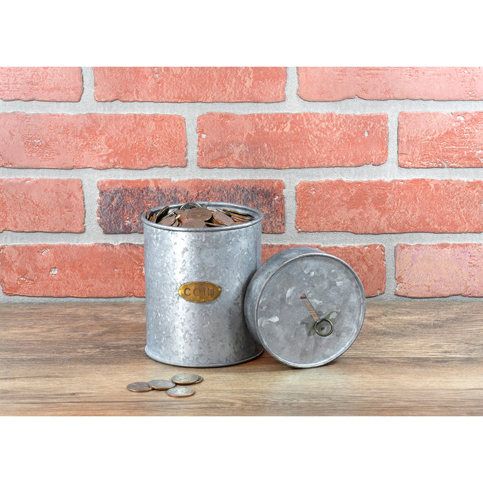 Red Co. Small Galvanized Metal Coin Can with Lid, Money Bank, Can Planter, Rustic Organizer