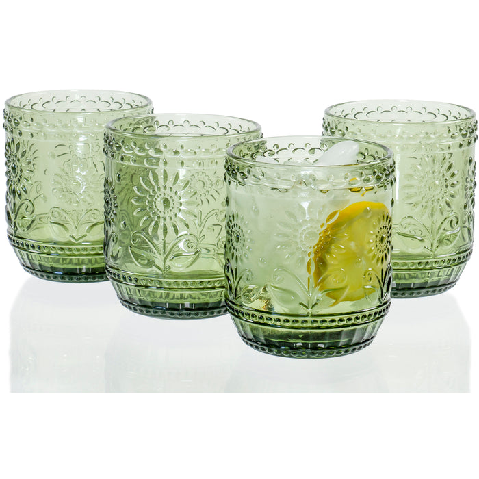 Vintage Botanist Drinking Glass Set, Luxurious Floral Embossed Decorative  Green Glassware, Set of 4, 4-inch, 12 oz