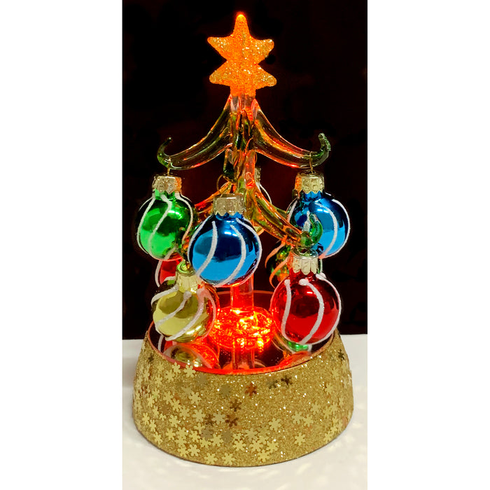 6 Inch Mini Light Up Glass Christmas Tree Tabletop Decoration with Colorful Removable Ornaments, Swirls