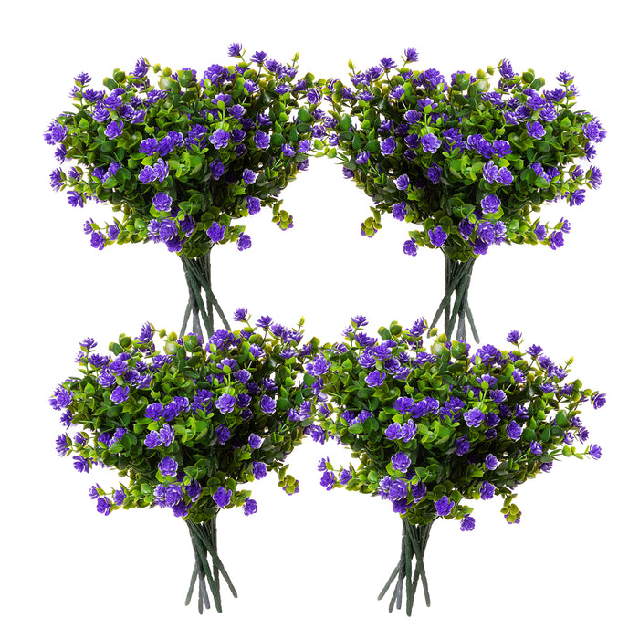 Faux Floral Bouquet, Artificial Fake Greenery Flowers for Home and Outdoor Garden Decor, Set of 4 Bunches (6 Picks Each), Spring Purple