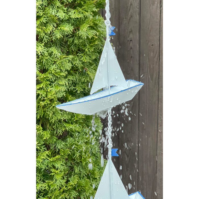Red Co. 5-Foot Decorative Hanging Metal Rain Chain & Garden Rainwater Catcher – Blue & White Enamel Boat