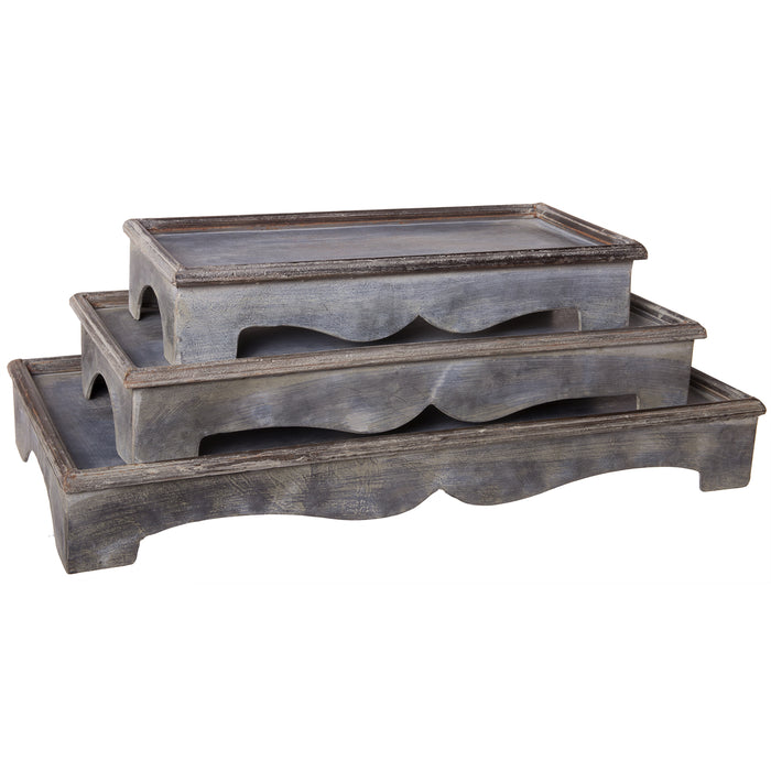 Red Co. Set of 3 Decorative 19.5” to 13” Rustic Metal Stackable Pedestal Trays, Distressed Gray