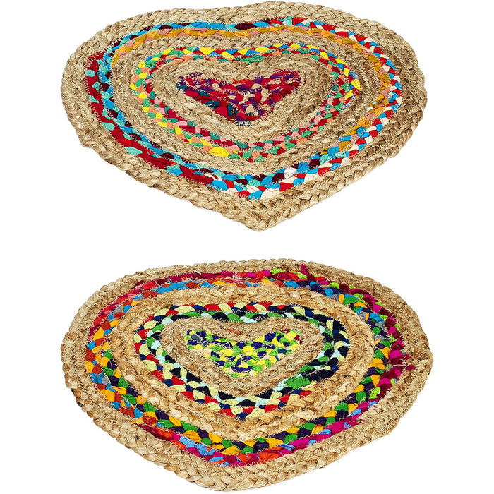 Red Co. Large Decorative Boho Chic Multicolored Hand Braided Jute Heart Shaped Heat Resistant Placemats for Dining Table, Kitchen Counter – Set of 2 – 17 x 15 Inches