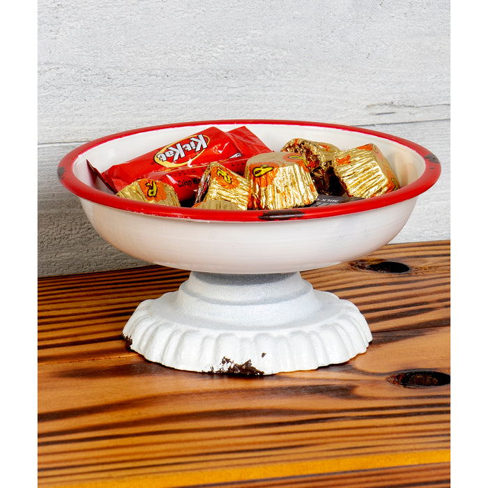 Red Co. Small Round Metal Pedestal Dish with Cast-Iron Base, Solid White/Colored Rim, Vintage-Style Decor, 6-Inch