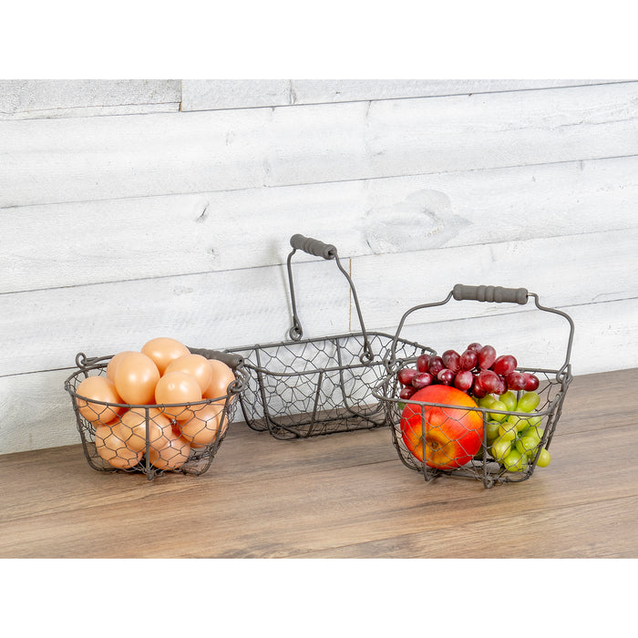 All-Purpose Display Baskets in 3 Shapes, Gray Metal Wire with Wood Handle, Rectangle- 5 Inches, Square- 6.75 Inches and Circle- 7.5 Inches