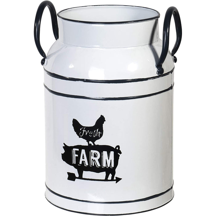 Red Co. Vintage Milk Can, Rooster and Pig with Fresh Farm Logo, White Cylinder with Black Trim and Two Handles