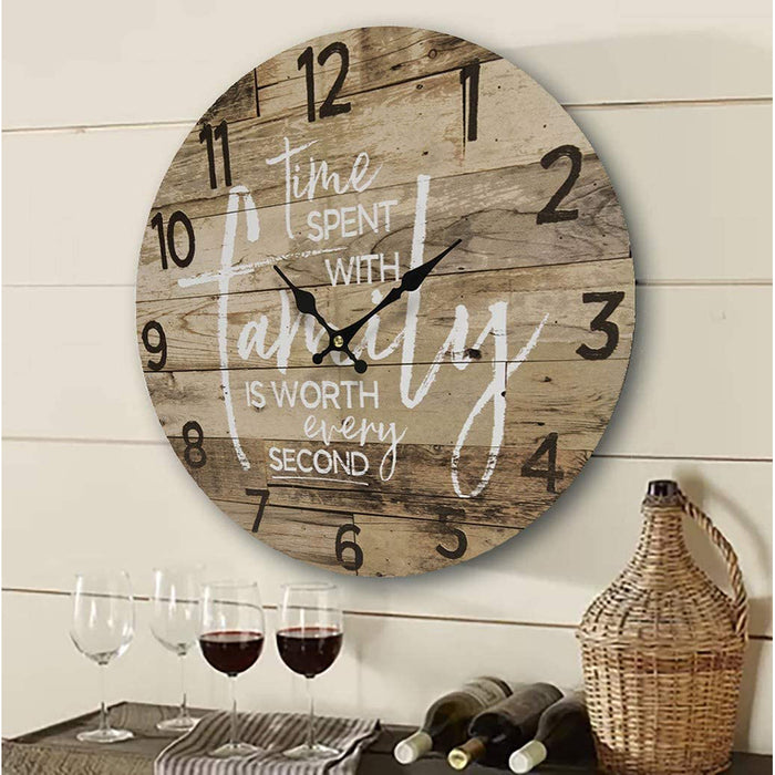 TIME Spent with Family Worth Every Second Round Wood Style Wall Clock - Farmhouse Rustic Home Decor - 13 Inches Diameter