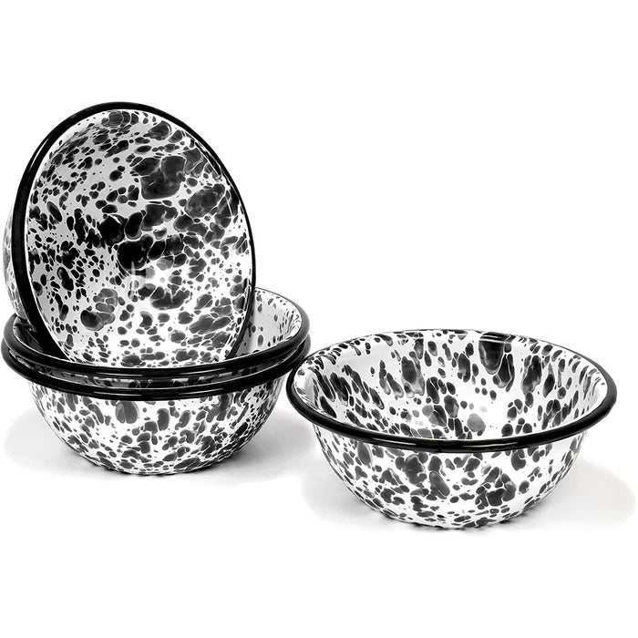 Red Co. Set of 4 Enamelware Metal Classic 20 oz Round Cereal Bowl, Marble/Black Rim - Splatter Design