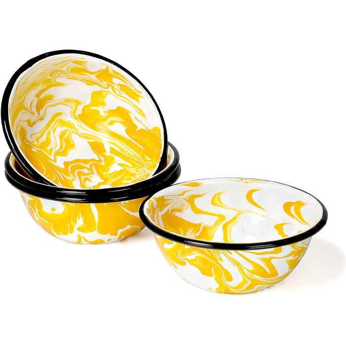 Red Co. Set of 4 Enamelware Metal Classic 20 oz Round Cereal Bowl, Yellow/Black Rim - Swirl Design