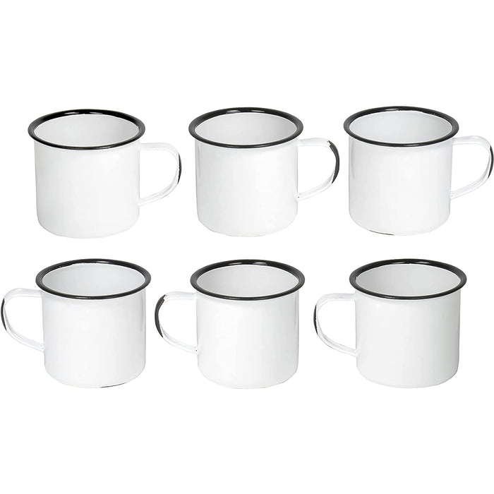 Red Co. Set of 6 Enamelware Metal Medium Classic 12 Oz Round Coffee and Tea Mug with Handle, Distressed White/Black Rim