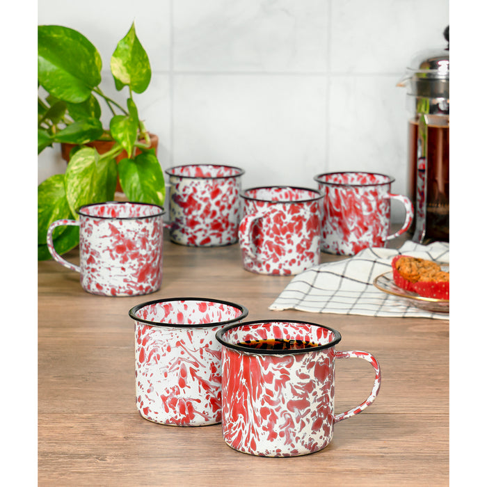 Red Co. Set of 6 Enamelware Metal Medium Classic 12 Oz Round Coffee and Tea Mug with Handle, Marble/Black Rim – Splatter Design