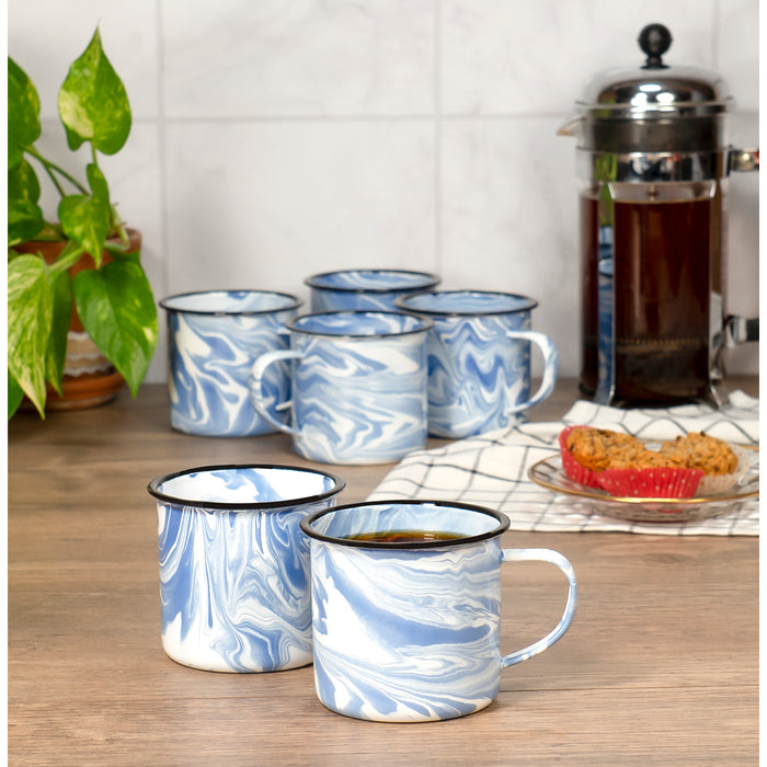 Red Co. Enamelware Metal Medium Classic 12 Oz Round Coffee and Tea Mug with Handle – Swirl Design – Set of 6