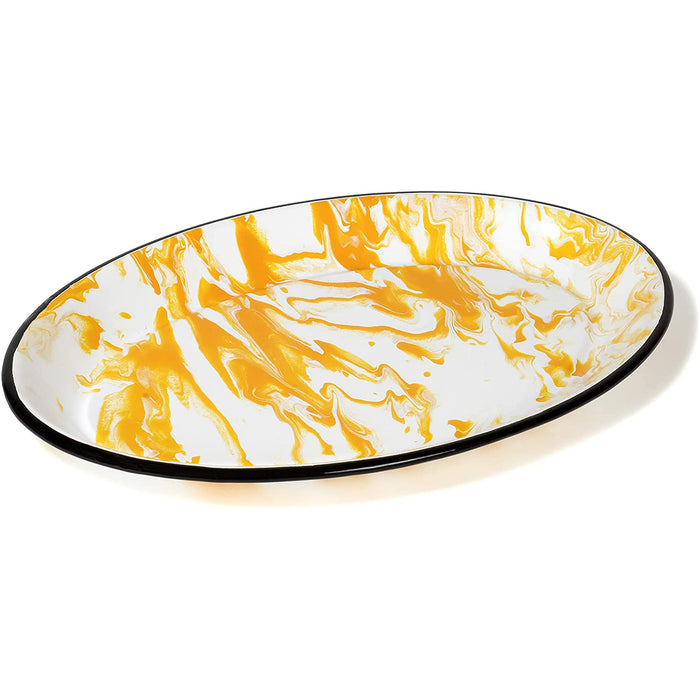 Red Co. Enamelware Metal Classic 13 inch Serving Oval Tray Platter, Yellow/Black Rim - Swirl Design
