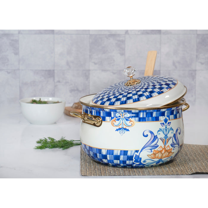 Red Co. Vintage Enamel Cookware Induction Stockpot with Blue Floral Design and Gold Trim with Crystal Knob Lid