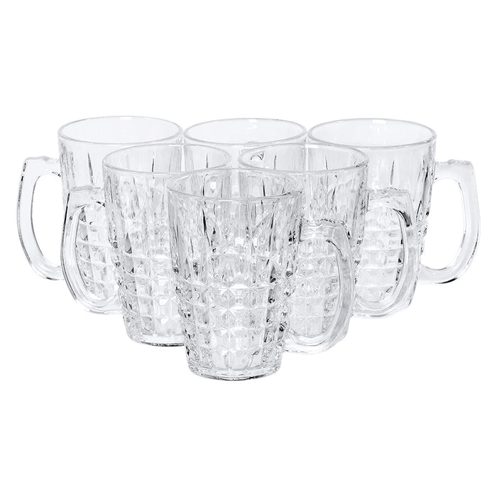 Red Co. 12 oz Clear Coffee Glass Mugs Set of 6 with Handle and Etched Pattern, Glass Cup Drinkware for Latte, Tea, or Juice