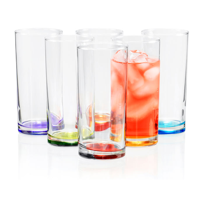 Highball Tumbler Clear Multi Colored Base Drinking Glass for Water, Juice, Beer, Whiskey, and Cocktails, 9.25 Ounce - Set of 6