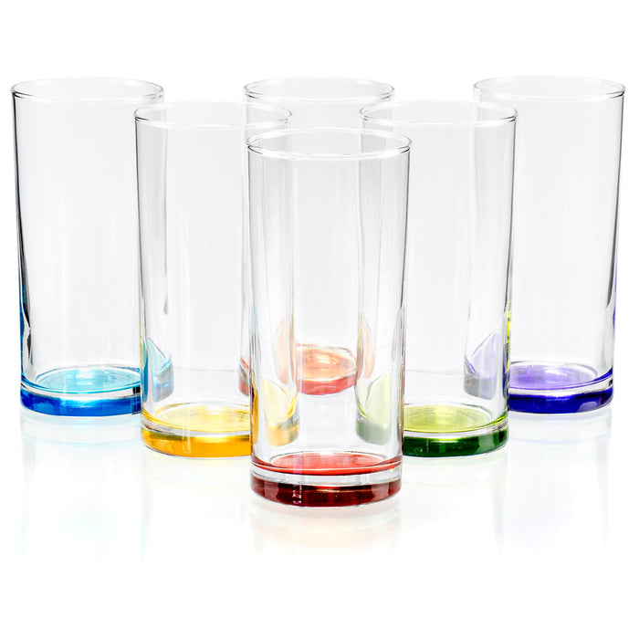 Highball Tumbler Clear Multi Colored Base Drinking Glass for Water, Juice, Beer, Whiskey, and Cocktails, 9.25 Ounce - Set of 6