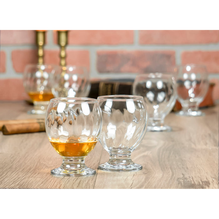 Orion Clear Footed Cognac and Whiskey Goblets, Vertical Curved Lines, Set of 6