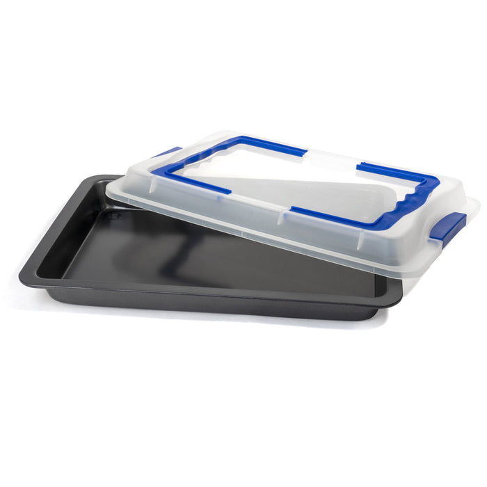 Premium High-Sided Non stick Coated Baking Sheet Pan with Lid and Handles - Pie Carrier Holder - 16.5" x 11.4" x 2"