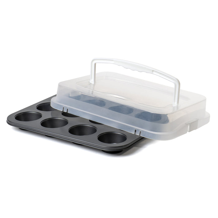 Premium Non-Stick Coated 12-Cup Muffin Baking Pan with Lid and Handles - Cupcake Carrier Holder - 13.8" x 10.3" x 1.2"