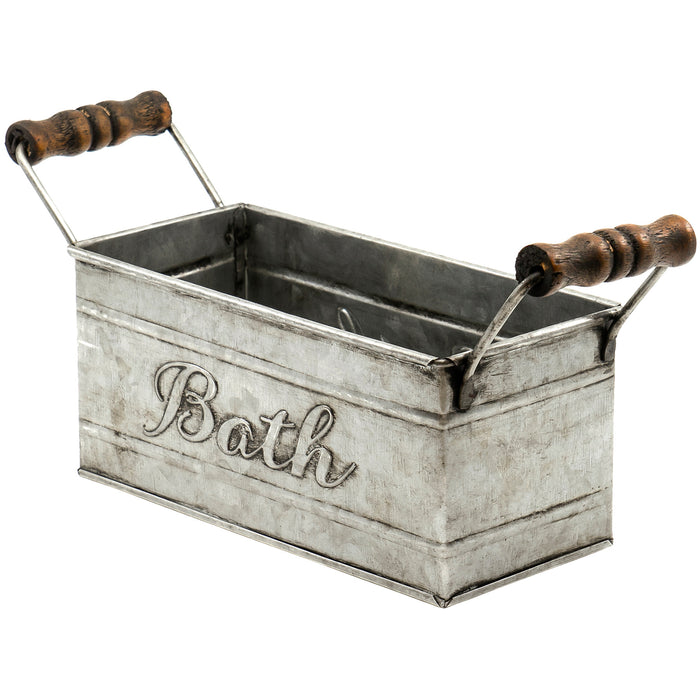 Red Co. Country Chic Vintage Inspired Bathroom Storage Bin, Tin Metal Toiletries Organizer, Bath Embossed Design, Small Size, 7-inch