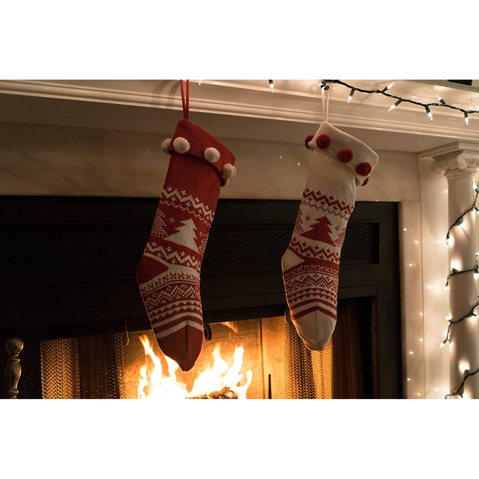 Knitted Christmas Stockings Traditional Holiday Season Santa Socks Classic Sweater Pattern Scandinavian Decoration for Mantel & Staircase Gift Holder - Set of 2