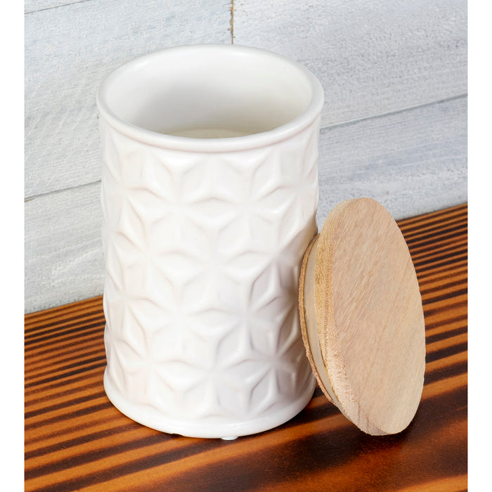 Swan Creek Highly Scented Pillar Candle in Round Ceramic Canister with Lid, White Collection – Assorted Patterns – 12 oz.