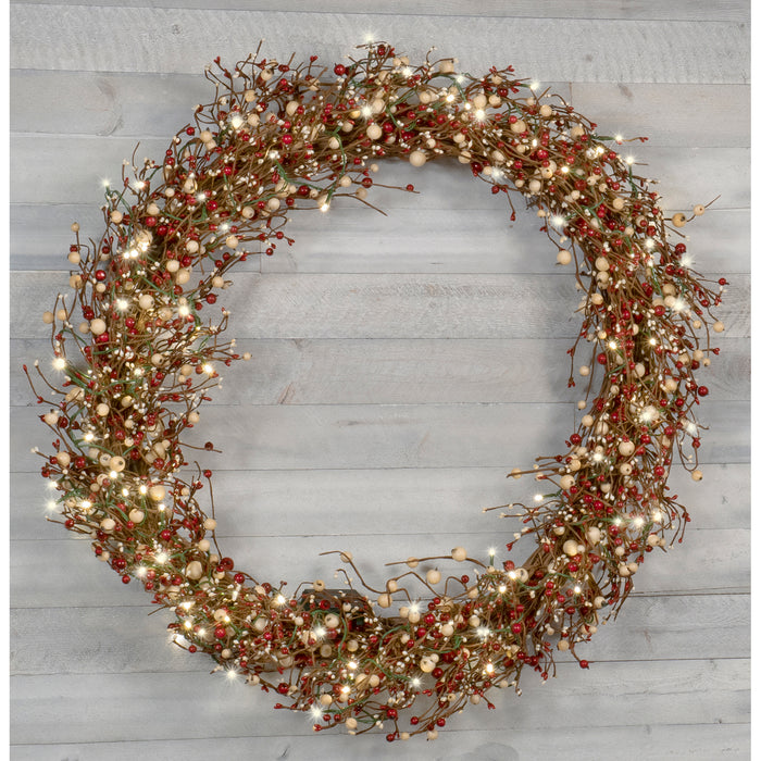Light-Up Christmas Wreath with Red Pip Berries, Battery Operated LED Lights with Timer
