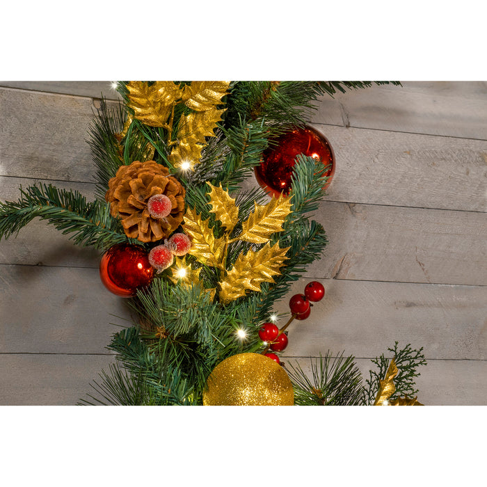 Light-Up Christmas Wreath with Red & Gold Ornaments, Battery Operated LED Lights with Timer