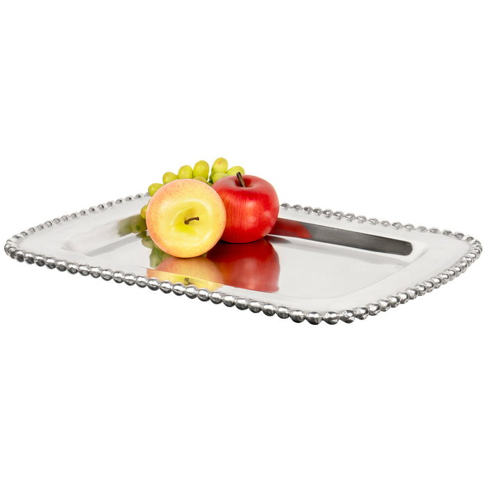 Red Co. Lavish Rectangular Centerpiece Platter, Handcrafted Chrome Serving Tray with Beaded Edge — 17½" x 12"