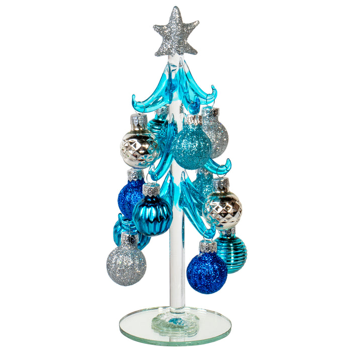 8 Inch Mini Glass Christmas Tree Tabletop Decoration with Colorful Removable Ornaments, Blue & Silver