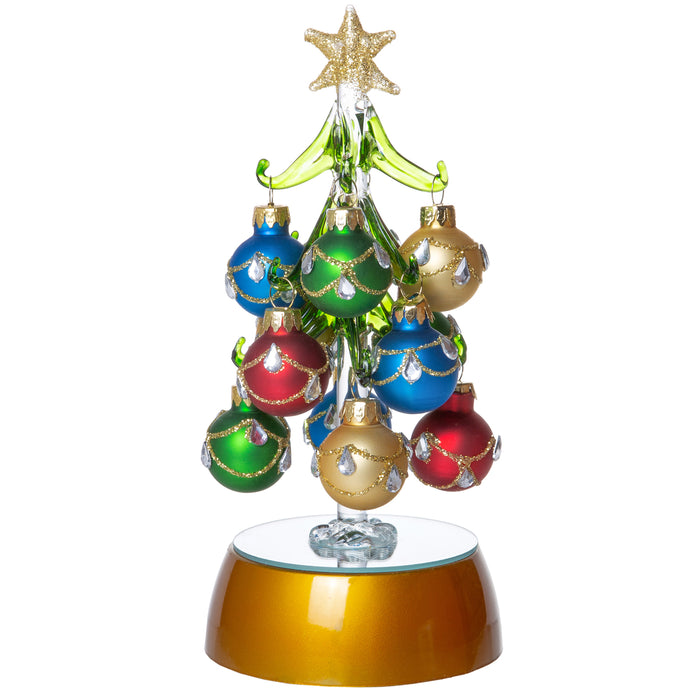 Mini Light Up Glass Christmas Tree, Small Table Top Holiday Season Décor with Removable Sphere Ornaments, Jewels & Gold Striped, 6 Inches