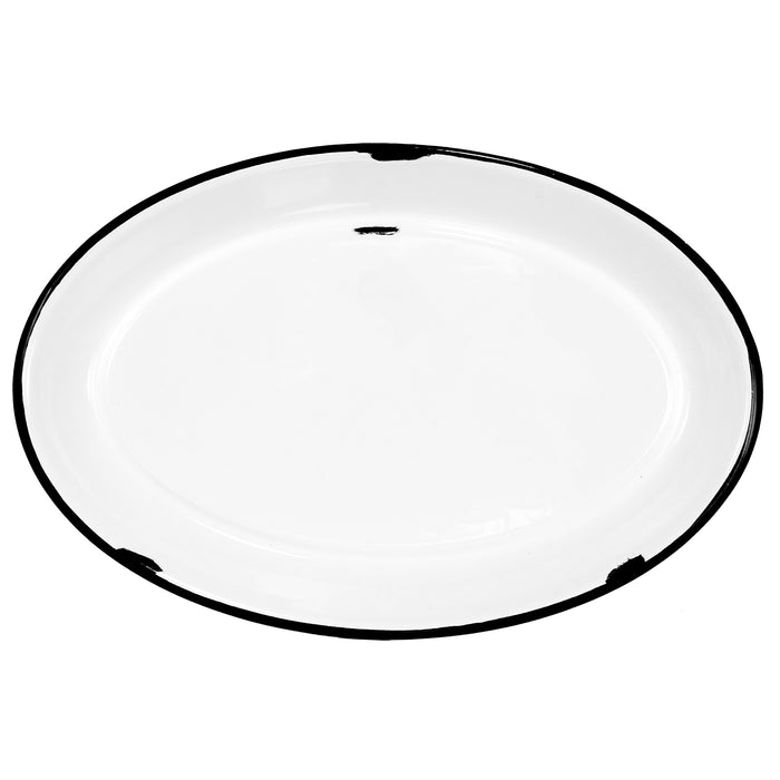 Red Co. Enamelware Metal Classic 13” Serving Oval Tray Platter, Distressed White/Black Rim