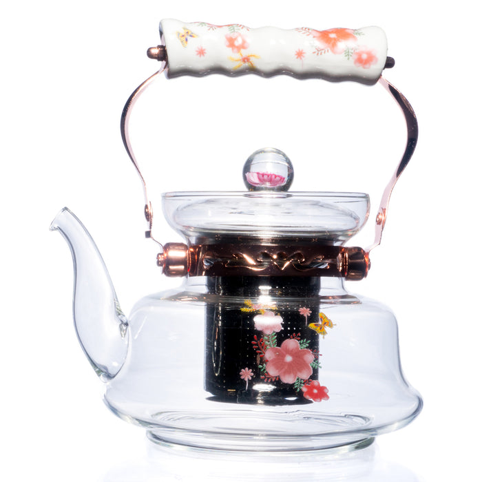 Floral European Style Glass Stovetop Teapot with Stainless Steel Infuser, 34 Ounce - Assorted Patterns
