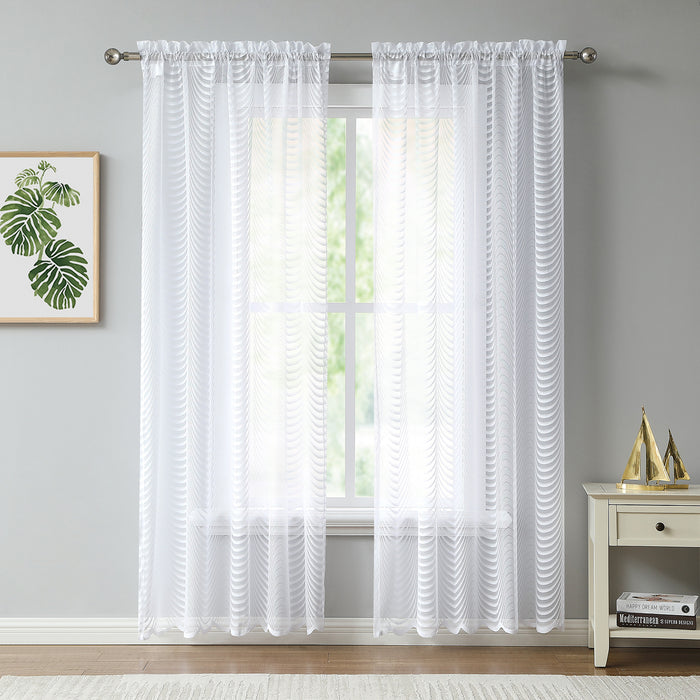 Red Co. Semi Sheer Wave Pattern Soft Decorative Rod Pocket White Curtains 2 Piece Set, 54" x 108"